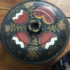 Toleware Hand-Painted Folk Art Metal Dish with Cover in Black and Red